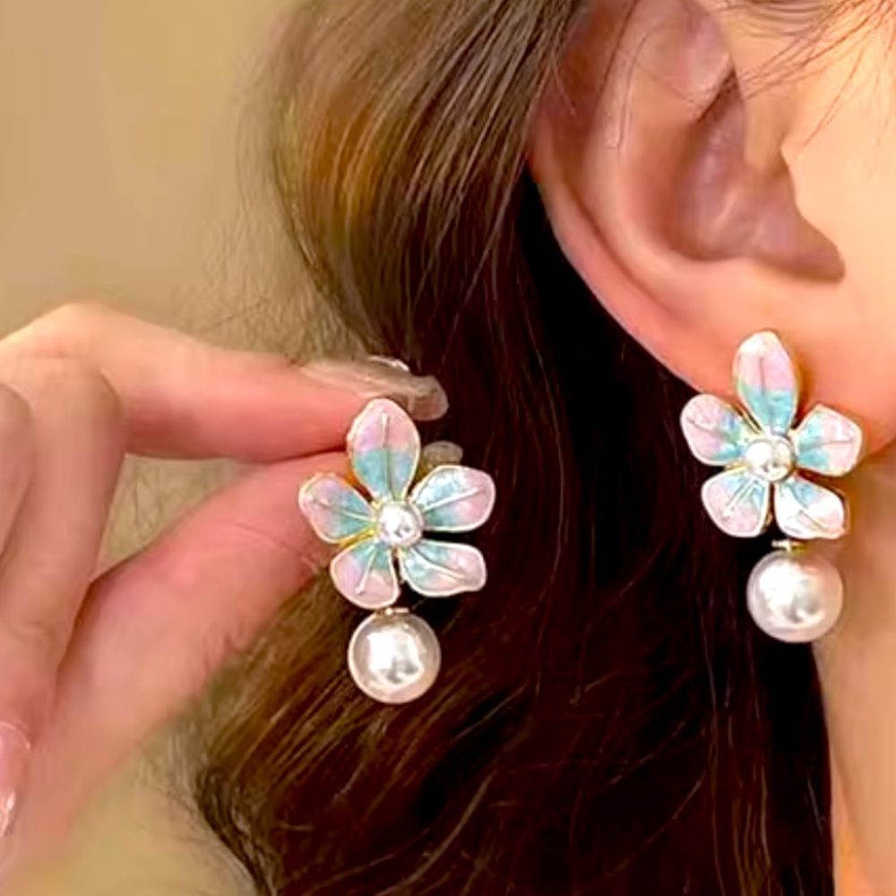Floral Pearl Drop Earrings, Enamel and Faux Pearl
